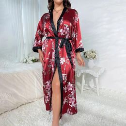 Vêtements de nuit pour femmes Femmes À La Mode Casual Robe Lâche Robe De Chambre D'été Soyeux Satin Col En V Imprimé Soie Sexy Vêtements De Maison