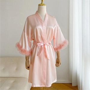 Dames nachtkleding Dames VEREN mouw Satijnen kimono Bruidsgewaden Roze gewaad Pyjama Badjas Nachtjapon Bruidskamerjas Nachtkleding