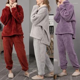 Vêtements de nuit pour femmes Femmes Pyjamas en polaire Ensemble Flanelle Fuzzy 2 pièces Pull chaud Top Pantalon Solide Hiver Doux Homewear Costume Pijama