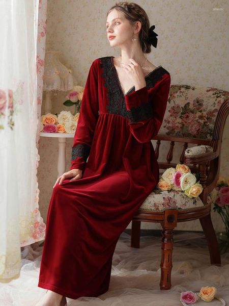 Ropa de dormir para mujer, bata de terciopelo elegante francesa con cuello en V y espalda descubierta, vestido de noche largo, ropa de dormir de princesa de terciopelo Pleuche, camisones Vintage