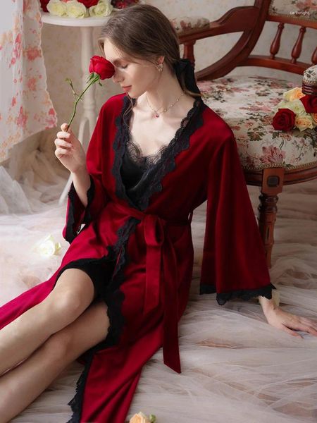 Ropa de dormir para mujer Mujeres Vestido de noche francés Robe Borgoña Conjuntos de dos piezas Camisón Romántico Terciopelo Batas Invierno Peignoirs Ropa de dormir