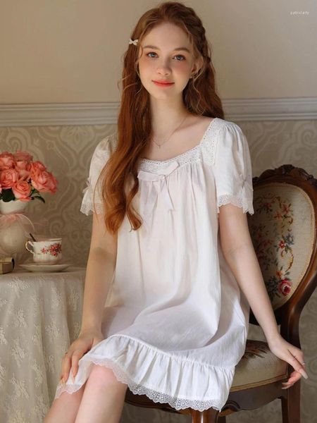 Vêtements de nuit pour femmes Femmes Français Rétro Manches courtes Sexy Pyjamas Robe de nuit Sweet Girls Summer Coton Princesse Fée Victorienne Chemises de nuit