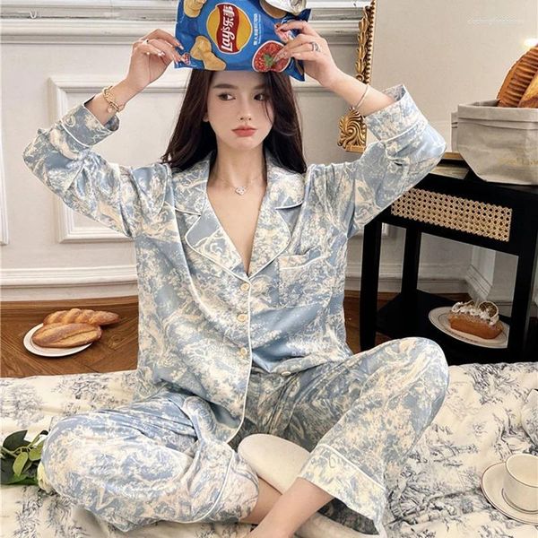 Ropa de dormir para mujeres pijamas de casa real camiseta de seda real pijama pijama gran tamaño pantalones de manga larga el