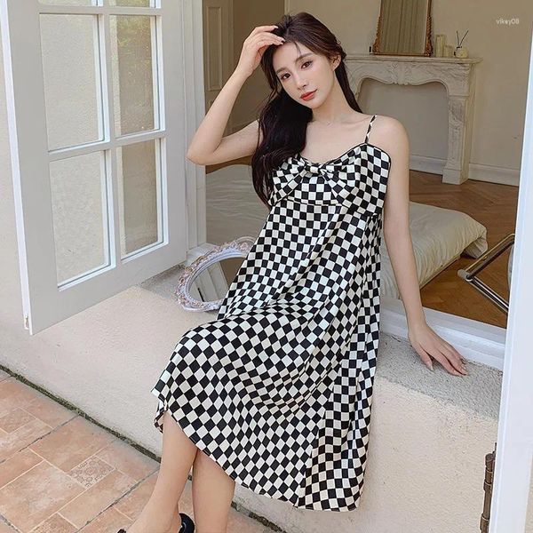 Ropa de dormir para mujer Mujeres Houndstooth Nightgown Sleepdress Ice Seda Ropa para el hogar Tirantes sexy Vestido de noche Arco Borde de encaje