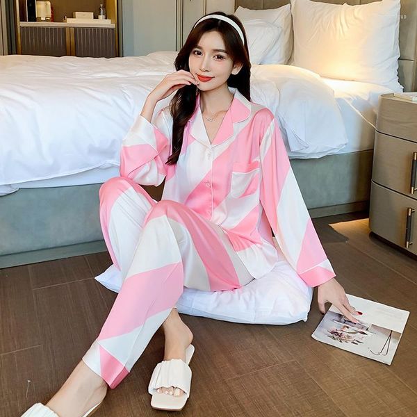 Vêtements de nuit pour femmes femmes glace soie pyjamas ensemble concepteur luxe automne printemps pyjamas pour dames deux pièces rose couleur salon