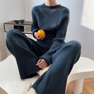 Women's Sleepwear Women Knitted Sweater Suit Autumn Winter Soft Elegant Solid Color O-Neck Pullovers Wide Leg Pants Lady 2 Piece HomewearSet