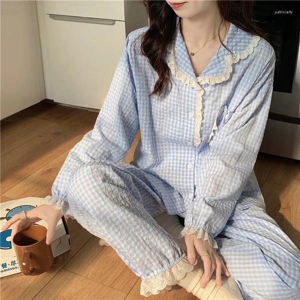 Vêtements de nuit pour femmes Femmes Dentelle Patchwork Printemps Automne Coton Pyjama Ensemble Bleu Plaid Pantalon Doux Pyjama Ensembles Confortables Vêtements À La Maison S476