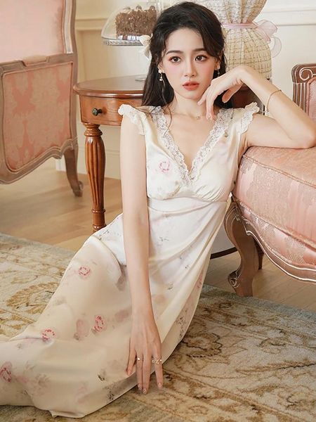 Ropa de dormir para mujer Mujeres Damas Francés Verano Seda Encaje Volantes Princesa Vintage Nightdress Fairy Print Pijamas Victorian Nightgowns