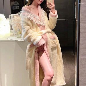 Femmes de nuit femmes longue robe sexy dentelle vêtements de nuit princesse style kimono chaud corail polaire peignoirs en vrac hiver homewear