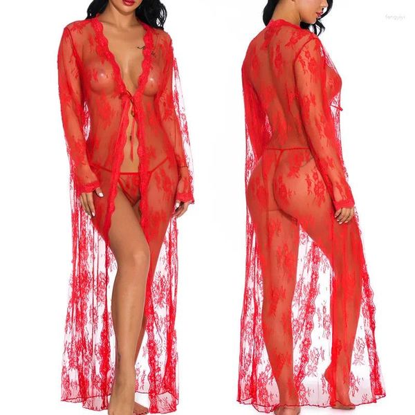 Vêtements de nuit des femmes à manches longues en dentelle de nuit robe robe sexy perspective pyjamas solide maille transparent lingerie sous-vêtements sensuels