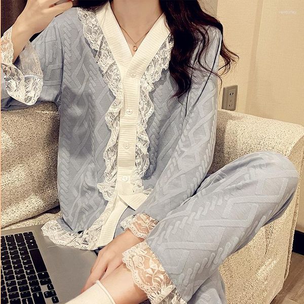 Ropa de dormir para mujer Pijamas de manga larga para mujer Ropa de dormir de verano Pijama de encaje de algodón azul Conjunto de dos piezas Pijamas Loungewear