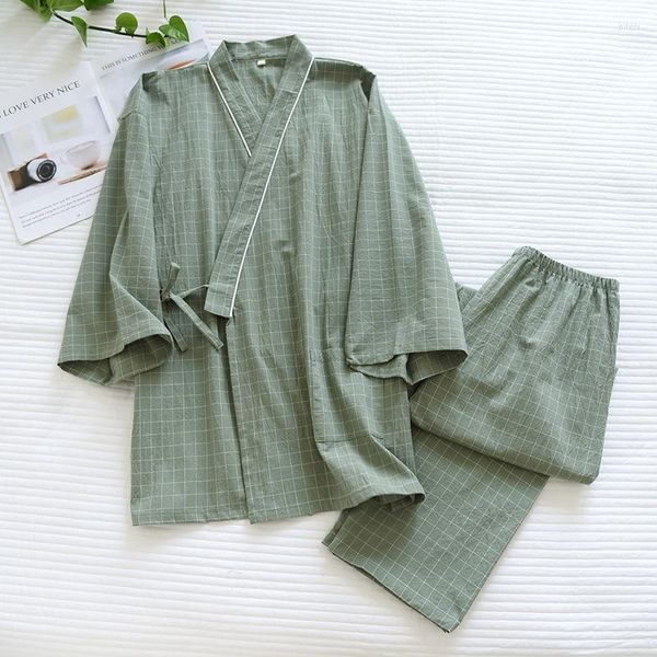 Vêtements de nuit pour femmes femmes hommes été coton à carreaux pyjama ensemble à manches courtes peignoirs amples col en v japonais Kimono Homewear Couple rétro