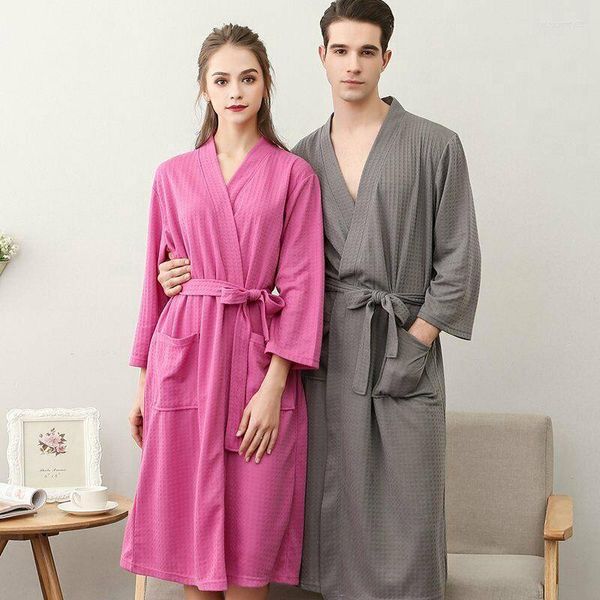 Vêtements de nuit pour femmes femmes hommes gaufre peignoir solide Kimono dames peignoirs de bain avec ceintures Robe mâle femelle douche longue femme homme pyjamas