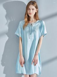 Mulheres sleepwear mulheres nightdress verão pura seda camisola cama azul dormir vestido casa roupas naturais nuisette femme robe