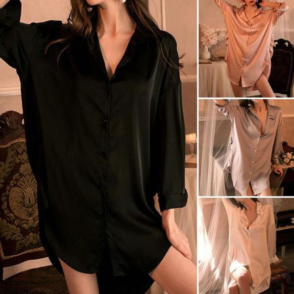 Vêtements de nuit pour femmes Femmes Chemise de nuit Col rabattu Couleur unie Satin Manches longues Lâche Simple boutonnage Chemise de nuit à ourlet irrégulier