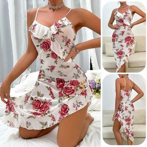 Ropa de dormir para mujer Mujeres camisón camisón sexy volantes apliques vestido largo impreso satinado camisón homewear casual verano dama loungewear