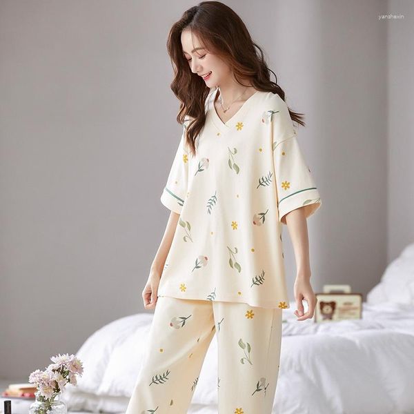 Ropa de dormir para mujer, conjunto de pijama para mujer, pijama japonés con estampado de plantas Kawaii, camiseta de algodón de verano, pantalones hasta la pantorrilla, ropa de dormir de talla grande informal