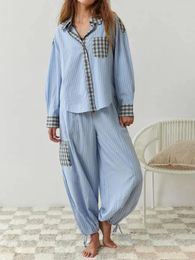 Ropa de dormir para mujer Conjunto de pijama para mujer Camisa de cierre de botón de manga larga a cuadros con pantalones de cintura elástica Ropa de salón