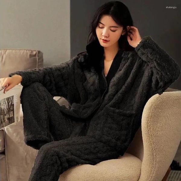 Ropa de dormir para mujer Conjuntos de pijamas para mujer Chic Sólido de un solo pecho Ulzzang Cómodo Ropa para el hogar Hembras Gruesas Cálidas Franela suave Ocio simple