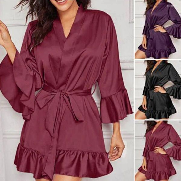 Vêtements de nuit pour femmes Femmes Pyjamas Cardigan Soyeux Au-dessus Du Genou Manches Longues Robes De Nuit Satin Taille Serrée À Lacets Robe De Dame Pour Chambre À Coucher