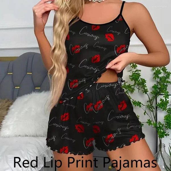 Vêtements de nuit pour femmes Femmes Pyjamas Pyjama Ensemble Camisole Shorts Noir S M L Rouge Lèvre Imprimer Col Scoop Soie Glace Confortable Décontracté