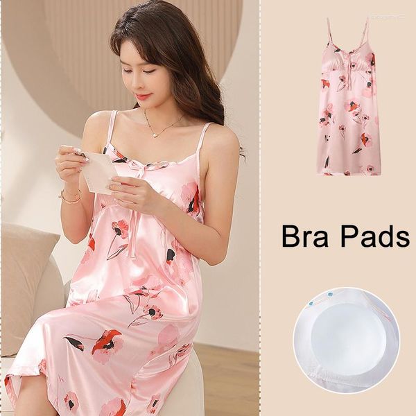 Vêtements de nuit pour femmes Femmes Pyjamas Satin Soie Chemise de nuit Floral Print Lingerie Sexy Spaghetti Strap Nightwear Girl Summer Homewear Robe