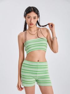 Vêtements de nuit pour femmes Femmes Pyjamas Ensemble 2 pièces Loungewear Costumes Stripe Col Bateau Bustier Tube Tops et Shorts Tenues