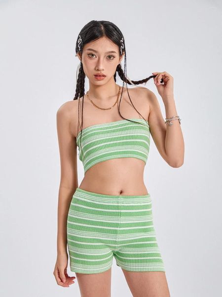 Vêtements de nuit pour femmes Femmes Pyjamas Ensemble 2 pièces Loungewear Costumes Stripe Col Bateau Bustier Tube Tops et Shorts Tenues