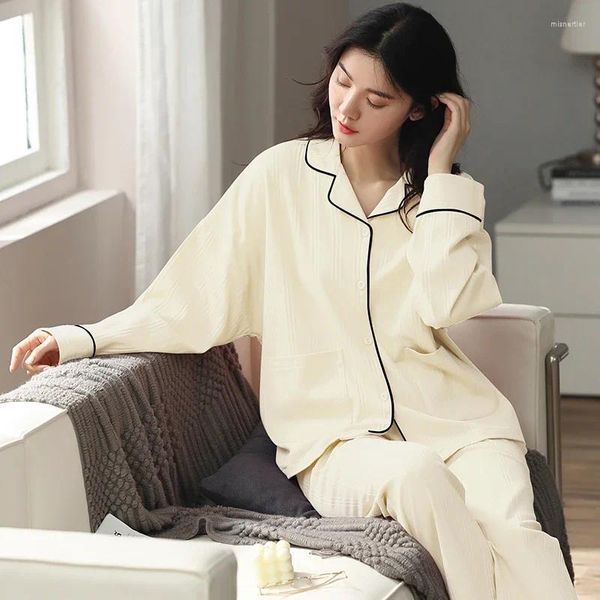 Ropa de dormir para mujer, conjunto de Pijamas para mujer, Pijamas de algodón para otoño y primavera, pijama elegante de manga larga, ropa de descanso para mujer, pijama para mujer