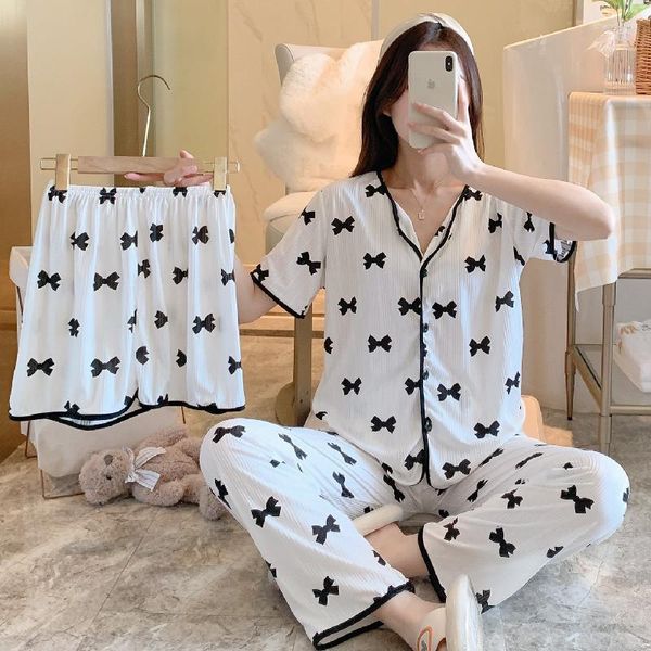 Ropa de dormir para mujer Conjuntos de pijamas para mujer Verano Otoño 3 piezas Pjs Bow Impreso Pijama Loungewear Ladies Pijama Mujer Homewear Ropa para el hogar