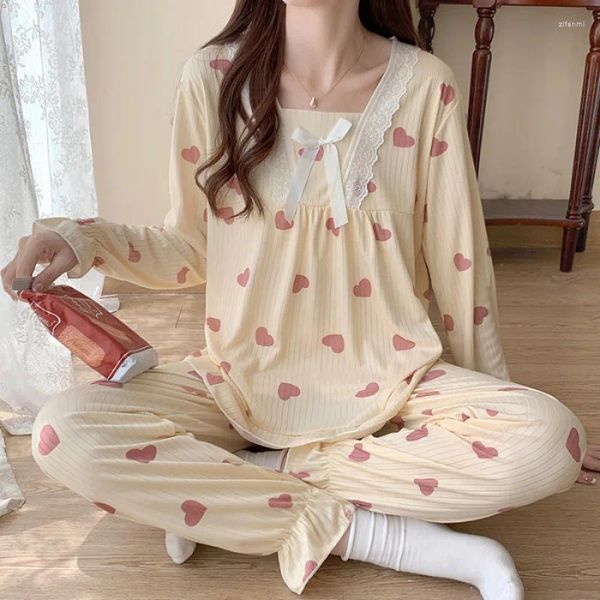 Ropa de dormir para mujer Conjuntos de pijamas para mujer Pijama XXL Primavera Otoño Pijamas con estampado de lazo Ropa de salón de encaje para mujer Camisa de manga larga Pantalones Ropa para el hogar