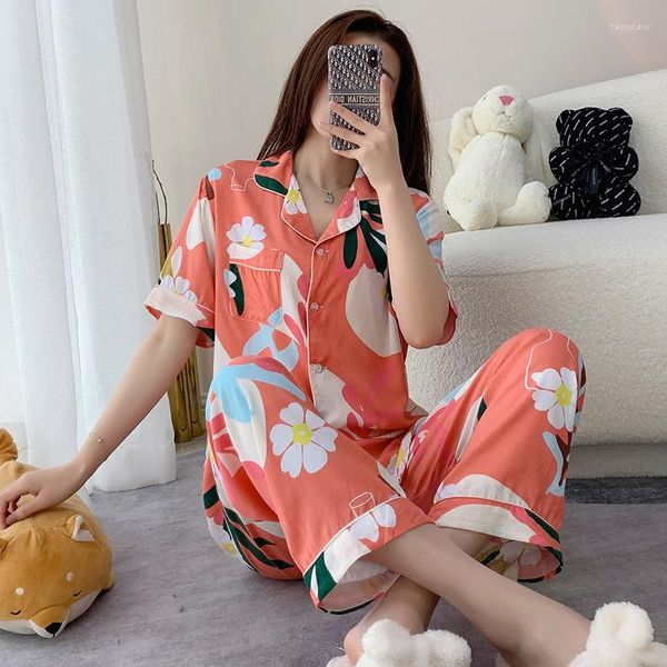 Vêtements de nuit pour femmes Femmes Pyjamas Costume Style simple Pantalon à manches courtes Pantalon long Pijamas Summer Fashion Floral Lady Doux Confortable