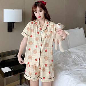 Vêtements de nuit pour femmes Femmes Pyjamas Costume Été Short à manches courtes 2 pièces Ensemble japonais Lâche Kawaii Dessin animé Ours Cookies Fraise Imprimer Homewear 230328