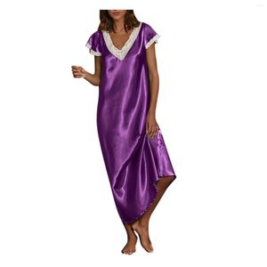Vêtements de nuit pour femmes femmes Pijamas 2023 Sexy chemise de nuit longue Robe Satin à manches courtes dentelle col en V Homewear Pyjamas vêtements de nuit Robe Femme