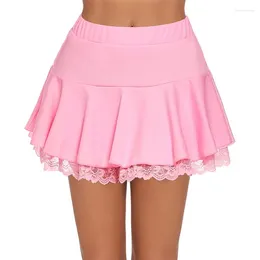 Ropa de dormir para mujer Mini falda plisada Sexy con volantes de encaje lencería sólida faldas cortas en forma de A cintura elástica acampanada