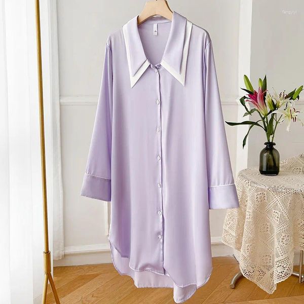 Vêtements de nuit pour femmes Femmes Violet Casual Chemises de nuit Cardigan sexy Col cranté Chemise de nuit Longueur au genou Chemise de nuit Sous-vêtements d'été M-XL Accueil