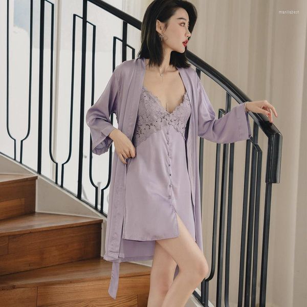 Vêtements de nuit pour femmes femmes violet Satin dentelle Homewear nuisette Robe ensemble 2 pièces col en v pyjamas chemise de nuit déshabillé