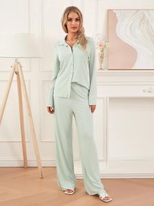 Vêtements de nuit pour femmes, tricot côtelé, ensemble de salon 2 pièces, couleur unie, manches longues, chemise boutonnée, hauts, pantalons à jambes larges, ensembles de pyjama