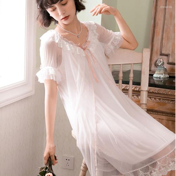 Ropa de dormir para mujer, camisones románticos para mujer, camisón de malla de encaje rosa blanco Vintage, vestido de noche victoriano, ropa de dormir de princesa Retro