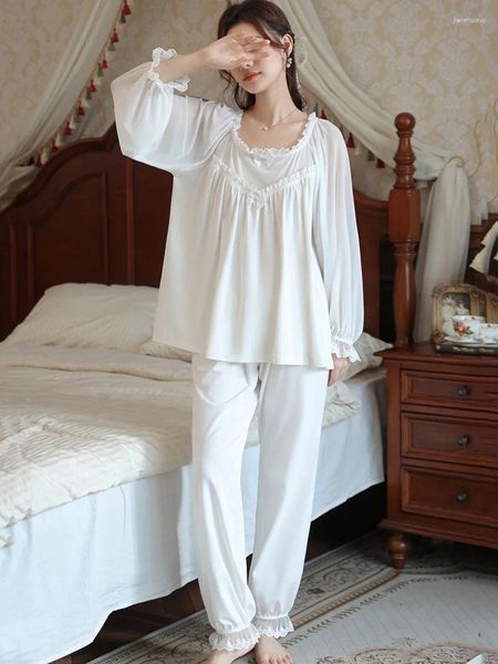 Vêtements de nuit pour femmes éboublardage à manches longues pyjamas en deux pièces coton vintage français lâche costume de maison printemps