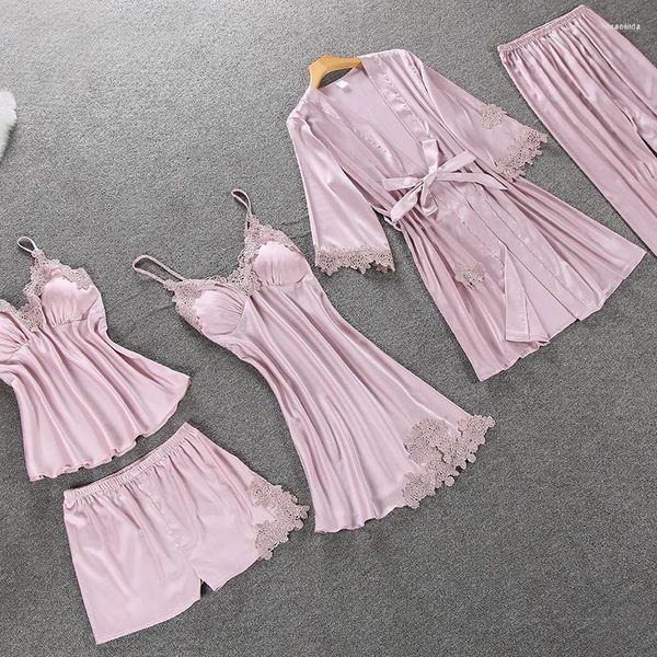 Slemberie féminine Pajamas en satin d'automne pour femmes en 2023 set pour les femmes élégantes 5pcs marque féminine lingerie en denterie Top Silk Pyjama Femme