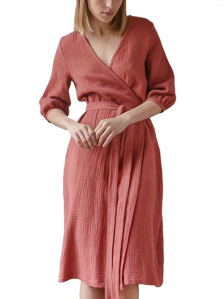 Vêtements de nuit pour femmes Robe kimono respirante au genou pour femme Peignoir en coton confortable Vêtements de détente légers pour l'été