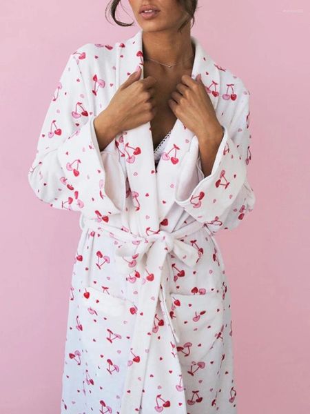 Vêtements de nuit pour femmes Femmes S Longues Robes en polaire Y2K Tendance Floral Fruit Cerise Imprimer Doux Loungewear Peignoir d'hiver avec poches