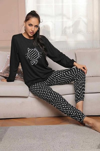 Ropa de dormir para mujer Conjunto de pijama para mujer Lindo estampado de gato Mangas largas Top y pantalones Ropa de dormir Pantalones de punto 2 piezas Invierno Mujer como Homewear Traje T231223