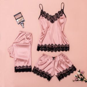 Vêtements de sommeil pour femmes pour femmes pyjama en satin sexy ensemble de dentelle noire en V