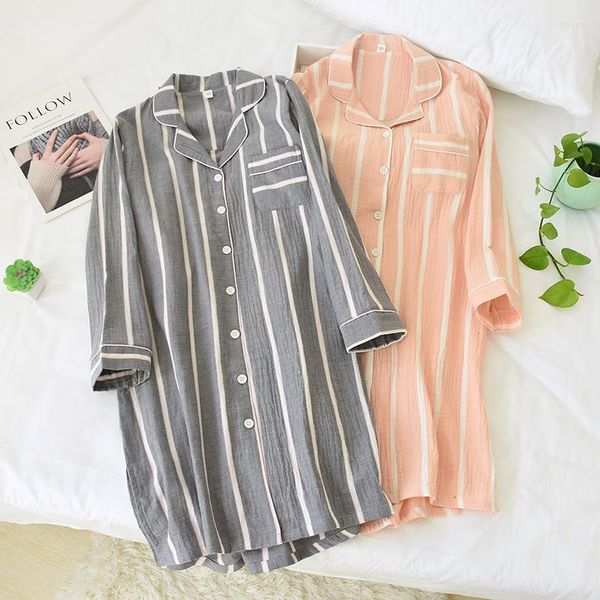 Ropa de dormir para mujer, camisón de manga larga de algodón para mujer, ropa de dormir a rayas, camisón de talla grande, vestido para dormir en casa