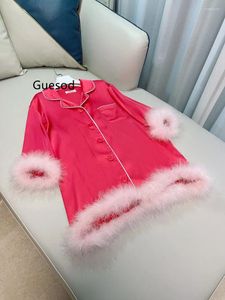 Ropa de dormir para mujeres vestidos de satén para mujeres ropa para el hogar francés lujo de lujo top noble plume pluma suelto de muesca rosa roja