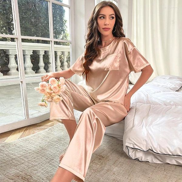 Vêtements de nuit pour femmes Femmes Satin Ice Silk Pyjama Set Chemise à manches courtes avec pantalon long Vêtements de nuit Soft Loungewear Loose Casual Suit Homewear