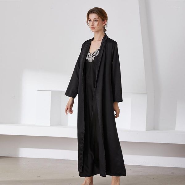 Vêtements de nuit pour femmes femmes satin kimono robe robe ensemble noir long peatteur de nuit sexy