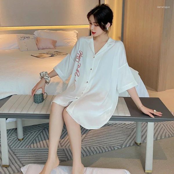 Vêtements de nuit pour femmes Femmes Satin Nightgown Intime Lingerie Casual Button-Down Nightwear Blanc Short Nightdress Summer Sleepshirt Homewear